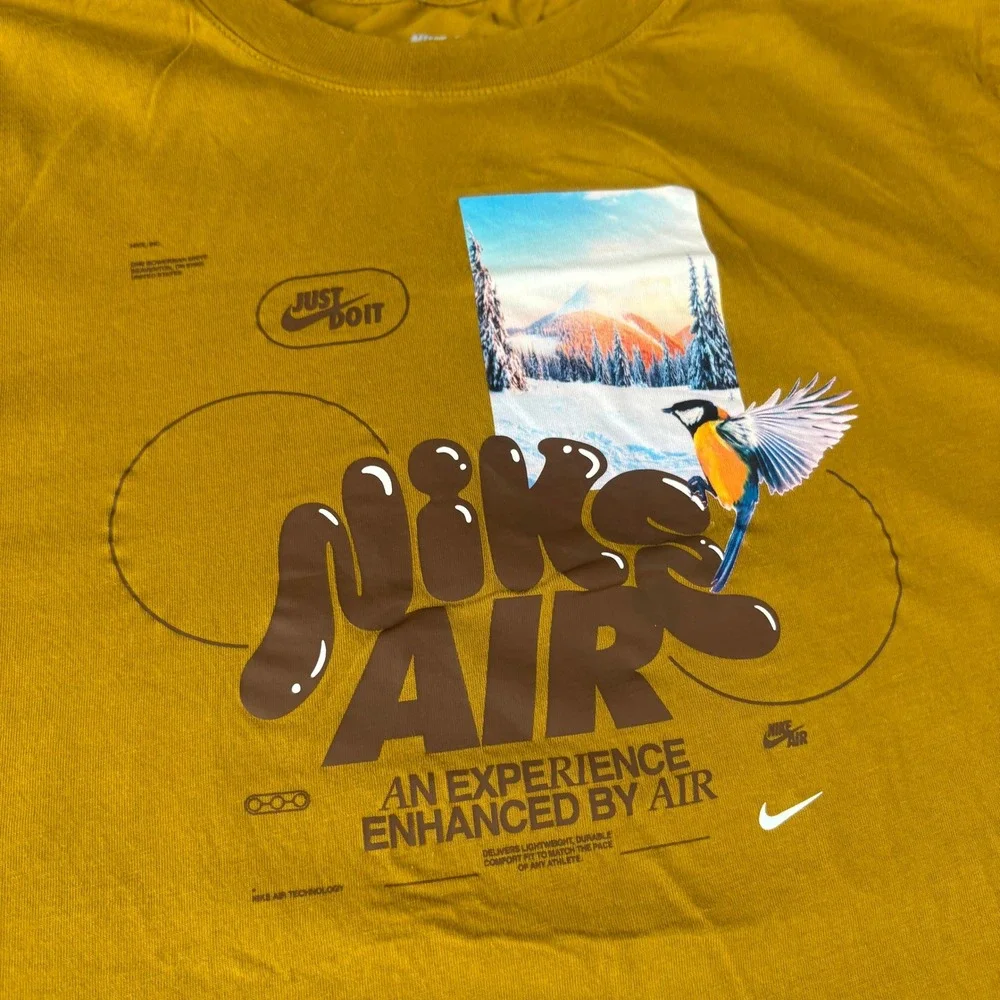 Nike Air Mens Graphic T-Shirt Gold Mustard Yellow Bird Nature Large 4345